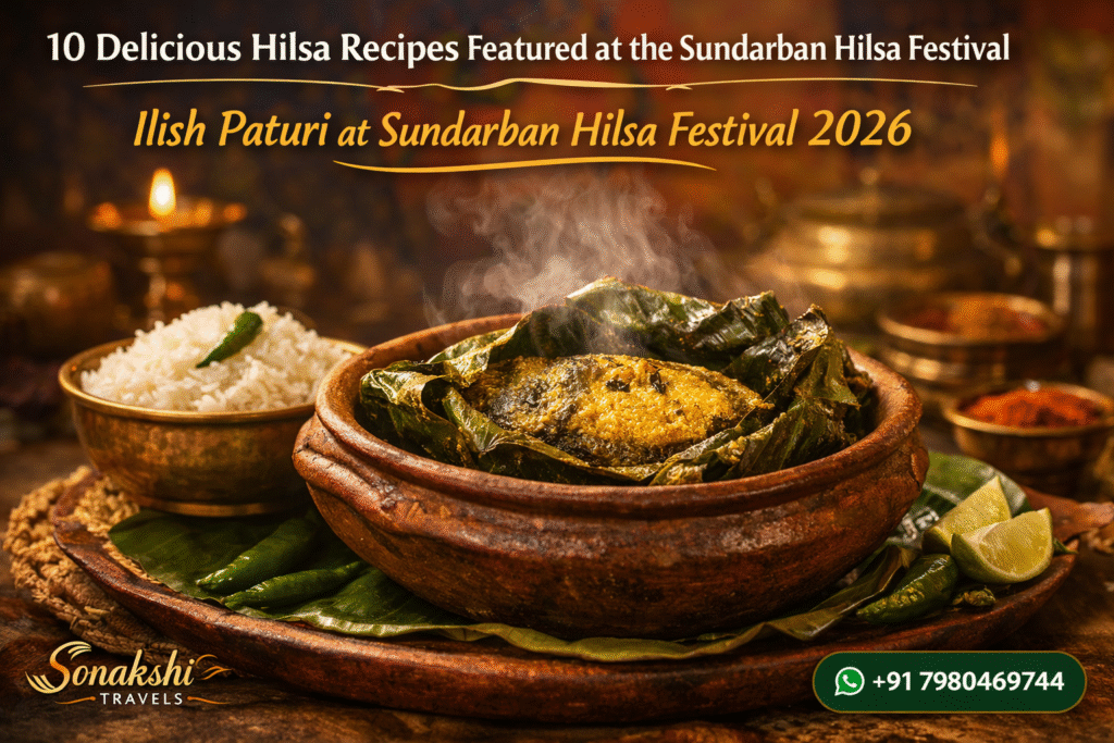 Create an ultra-realistic cinematic wildlife travel advertisement banner set in. The central subject is a "Ilish Paturi" with beautifully presented, and well decorated in clay pot, steamy rice, steamy hilsa paturi, antique looks Environment and Atmosphere very beautiful decorated background for presentation of the dish Style reference: Magazine cover style + luxury travel advertisement Camera and Photography Style Simulate professional photography: • camera angle: low eye-level perspective • lens: 85mm telephoto wildlife lens • aperture: f/2.8 • depth of field: shallow • focus: razor sharp on the subject • background: beautiful colored banner Composition and Framing Use advertising banner composition: The composition should feel balanced, cinematic, and immersive. Headline Typography (Top Left) Add a travel advertisement headline: "10 Delicious Hilsa Recipes Featured at the Sundarban Hilsa Festival " Typography style: • modern bold travel typography • "Ilish Paturi at Sundarban Hilsa Festival 2026" highlighted in vibrant golden yellow • other text in clean white • elegant curved underline accent • subtle shadow for readability against the background Branding (Bottom Left) Add luxury travel branding: Sonakshi Travels Design style: • gold metallic logo text • minimal leaf or travel icon • elegant premium tourism brand style • refined and sophisticated look Contact Badge (Bottom Right) Add a modern WhatsApp contact badge. Design: • rounded dark green badge • WhatsApp icon • text: +91 7980469744 Style should resemble modern travel booking call-to-action buttons. Visual Style The image should look like a professional tourism campaign banner. Key characteristics: • ultra realistic wildlife photography • cinematic lighting • natural color grading • documentary realism • no artificial HDR effects • high dynamic range but natural tones Output Quality • resolution: 4K ultra HD • format: wide landscape banner • aspect ratio: 16:9 or 3:2 • suitable for website hero banner or travel advertisement no tiger image