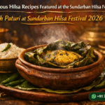 Create an ultra-realistic cinematic wildlife travel advertisement banner set in. The central subject is a "Ilish Paturi" with beautifully presented, and well decorated in clay pot, steamy rice, steamy hilsa paturi, antique looks Environment and Atmosphere very beautiful decorated background for presentation of the dish Style reference: Magazine cover style + luxury travel advertisement Camera and Photography Style Simulate professional photography: • camera angle: low eye-level perspective • lens: 85mm telephoto wildlife lens • aperture: f/2.8 • depth of field: shallow • focus: razor sharp on the subject • background: beautiful colored banner Composition and Framing Use advertising banner composition: The composition should feel balanced, cinematic, and immersive. Headline Typography (Top Left) Add a travel advertisement headline: "10 Delicious Hilsa Recipes Featured at the Sundarban Hilsa Festival " Typography style: • modern bold travel typography • "Ilish Paturi at Sundarban Hilsa Festival 2026" highlighted in vibrant golden yellow • other text in clean white • elegant curved underline accent • subtle shadow for readability against the background Branding (Bottom Left) Add luxury travel branding: Sonakshi Travels Design style: • gold metallic logo text • minimal leaf or travel icon • elegant premium tourism brand style • refined and sophisticated look Contact Badge (Bottom Right) Add a modern WhatsApp contact badge. Design: • rounded dark green badge • WhatsApp icon • text: +91 7980469744 Style should resemble modern travel booking call-to-action buttons. Visual Style The image should look like a professional tourism campaign banner. Key characteristics: • ultra realistic wildlife photography • cinematic lighting • natural color grading • documentary realism • no artificial HDR effects • high dynamic range but natural tones Output Quality • resolution: 4K ultra HD • format: wide landscape banner • aspect ratio: 16:9 or 3:2 • suitable for website hero banner or travel advertisement no tiger image